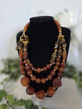 ​Boho Multi-Strand Statement Necklace | Tiger’s Eye & Amber Toned Beads